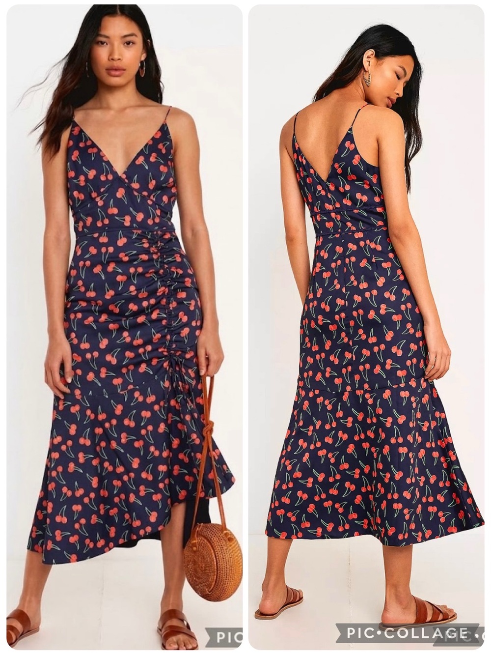 Finders Keepers Valentina Cherry Print Satin Ruched Blue Coral Midi Dress XS